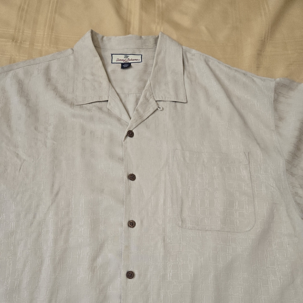 Tommy Bahama Camp Casual Silk Shirt Men's XXL Gold Geo Design Short Sleeve